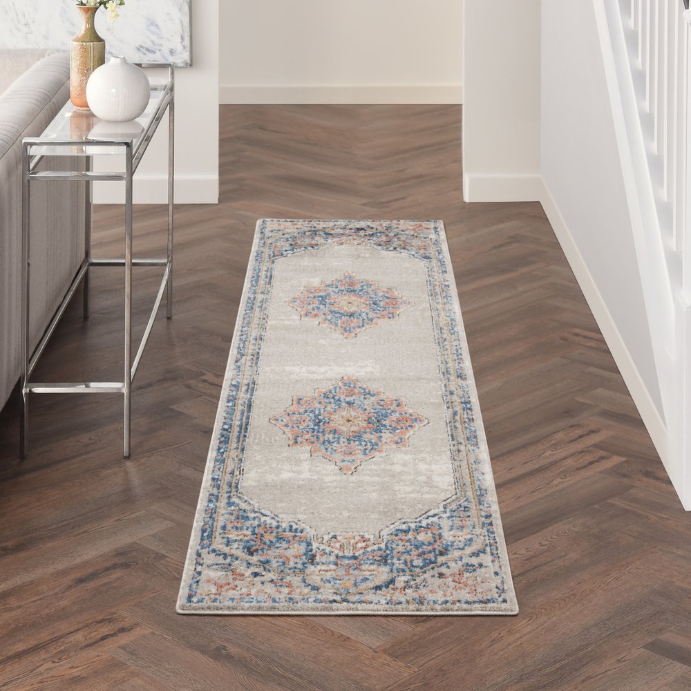 2' X 8' Blue And Grey Oriental Power Loom Non Skid Runner Rug