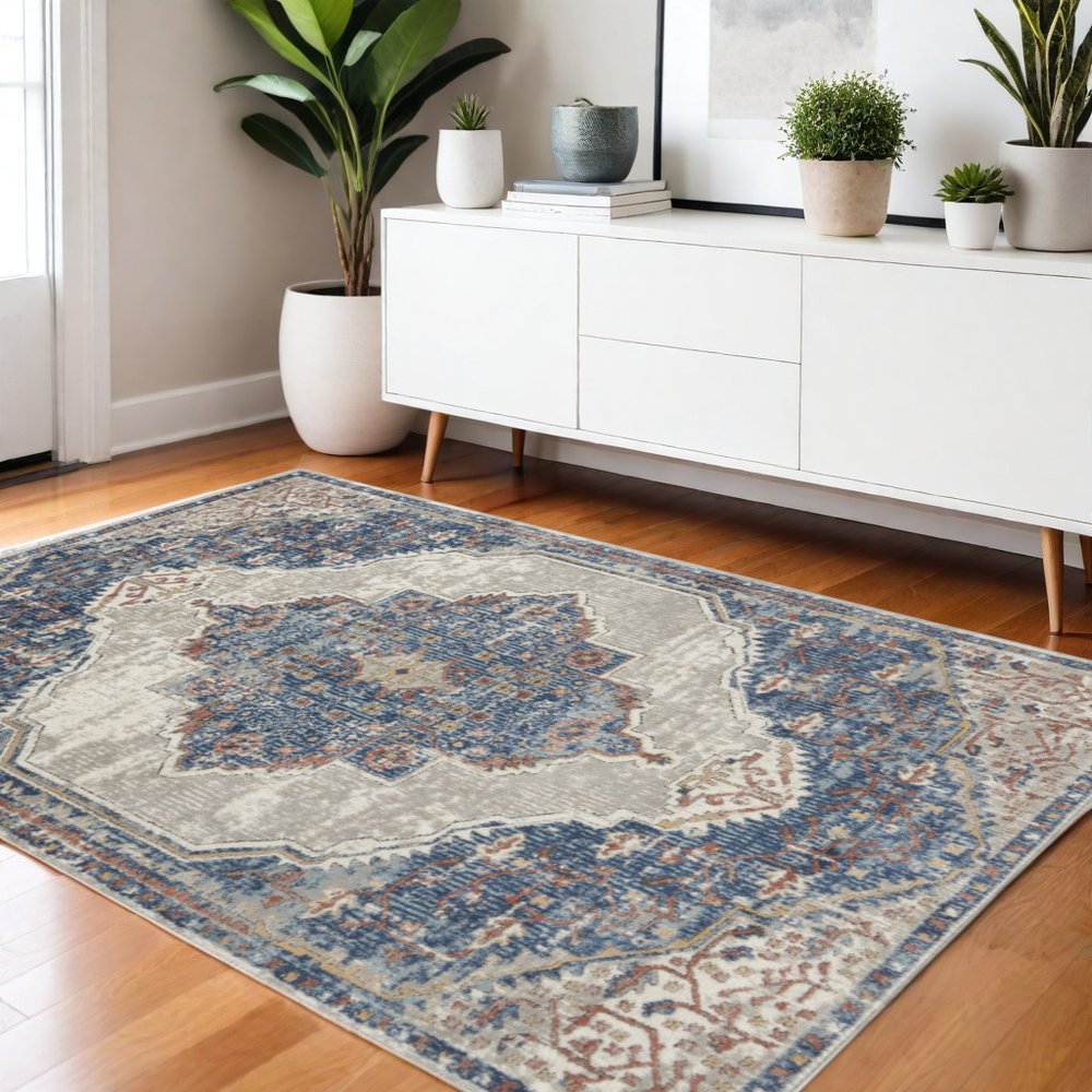 4' X 6' Blue And Grey Oriental Power Loom Non Skid Area Rug