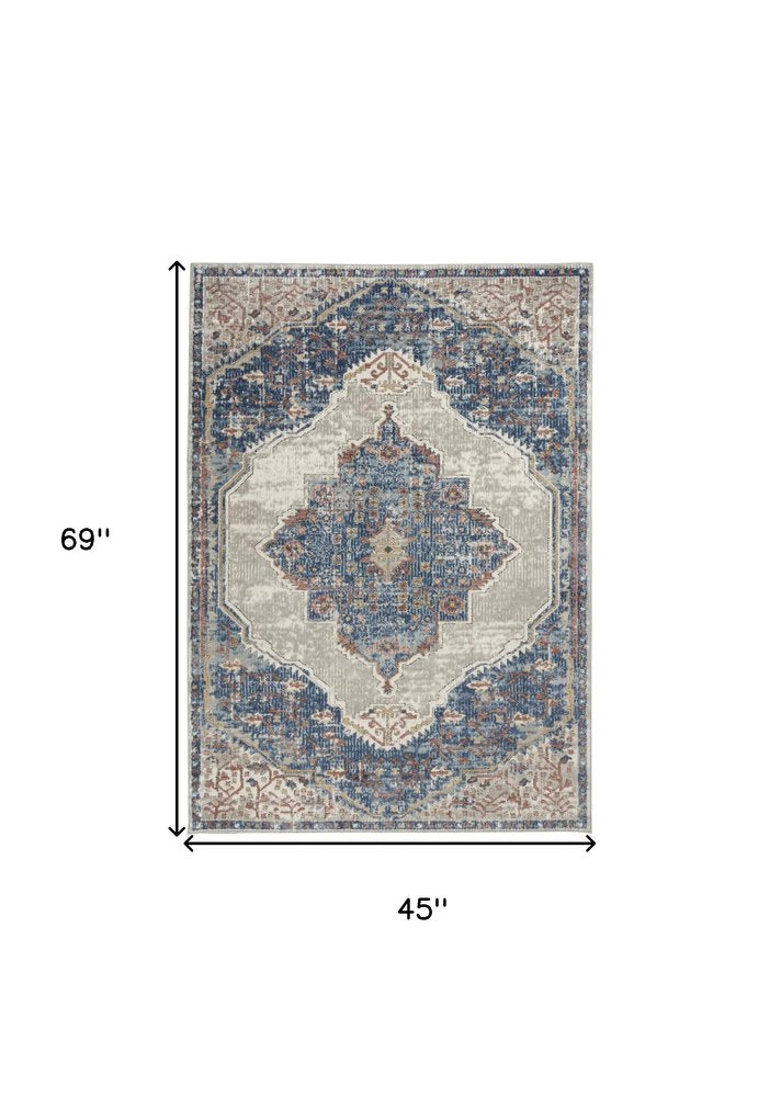 4' X 6' Blue And Grey Oriental Power Loom Non Skid Area Rug