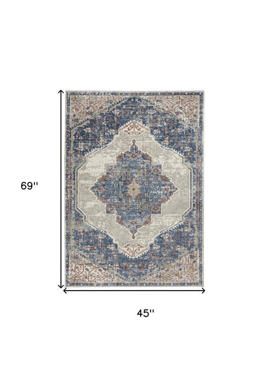 4' X 6' Blue And Grey Oriental Power Loom Non Skid Area Rug