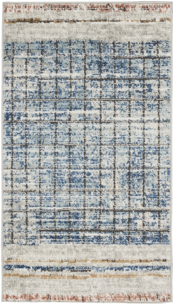 2' X 4' Blue Abstract Power Loom Distressed Non Skid Area Rug