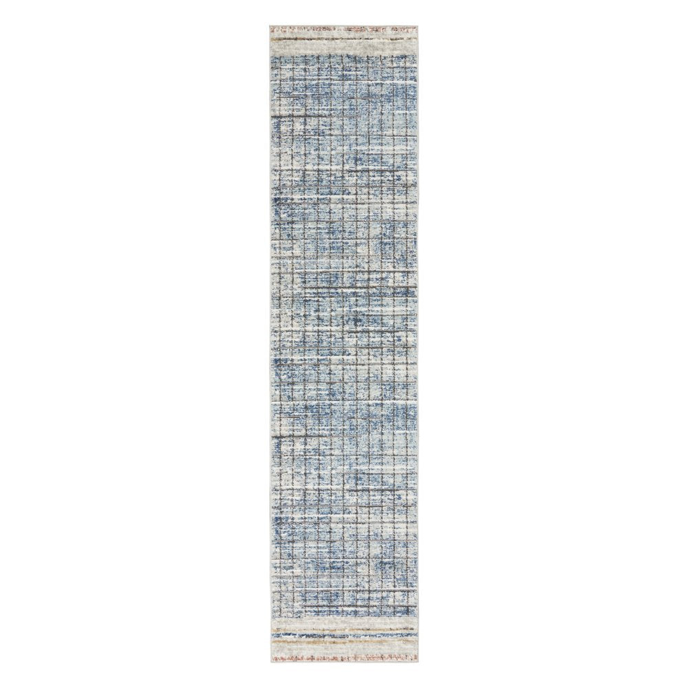 2' X 8' Blue Abstract Power Loom Distressed Non Skid Runner Rug