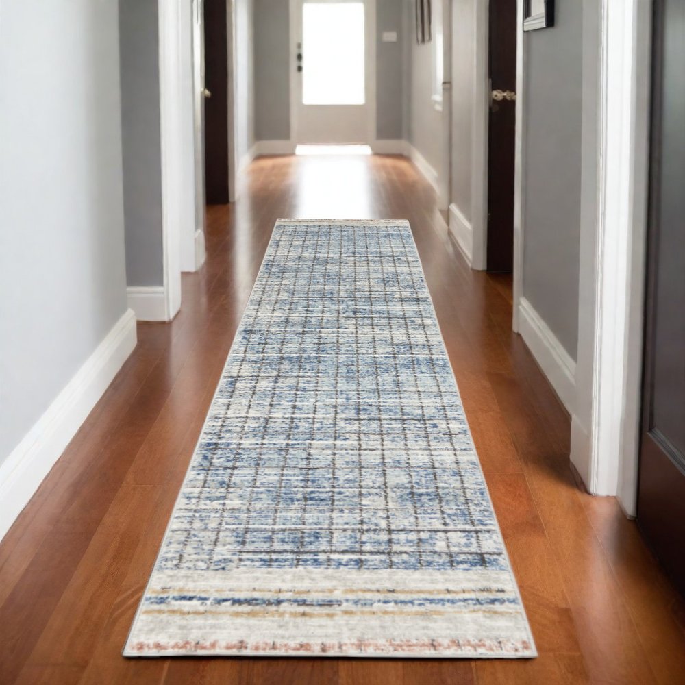 2' X 8' Blue Abstract Power Loom Distressed Non Skid Runner Rug