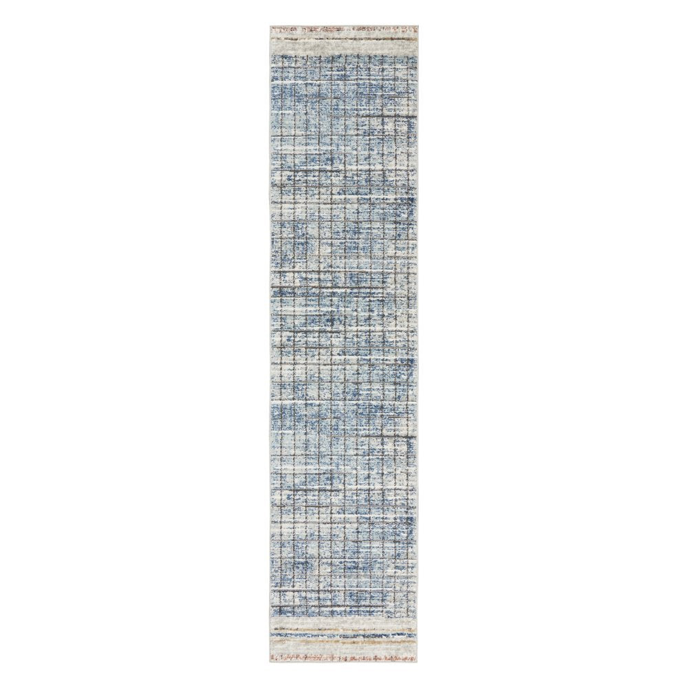 2' X 8' Blue Abstract Power Loom Distressed Non Skid Runner Rug