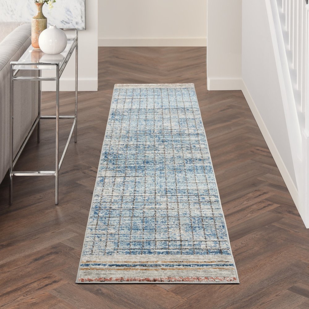 2' X 8' Blue Abstract Power Loom Distressed Non Skid Runner Rug