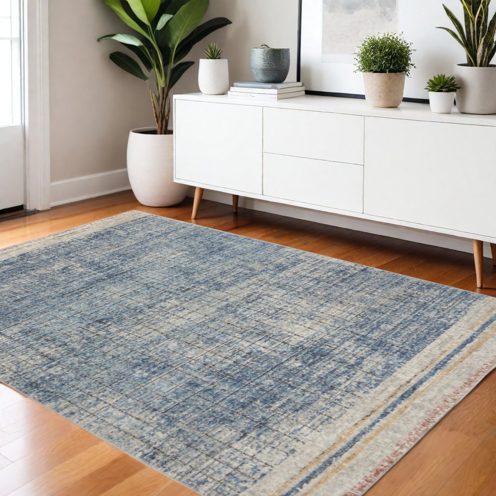 4' X 6' Blue Abstract Power Loom Distressed Non Skid Area Rug