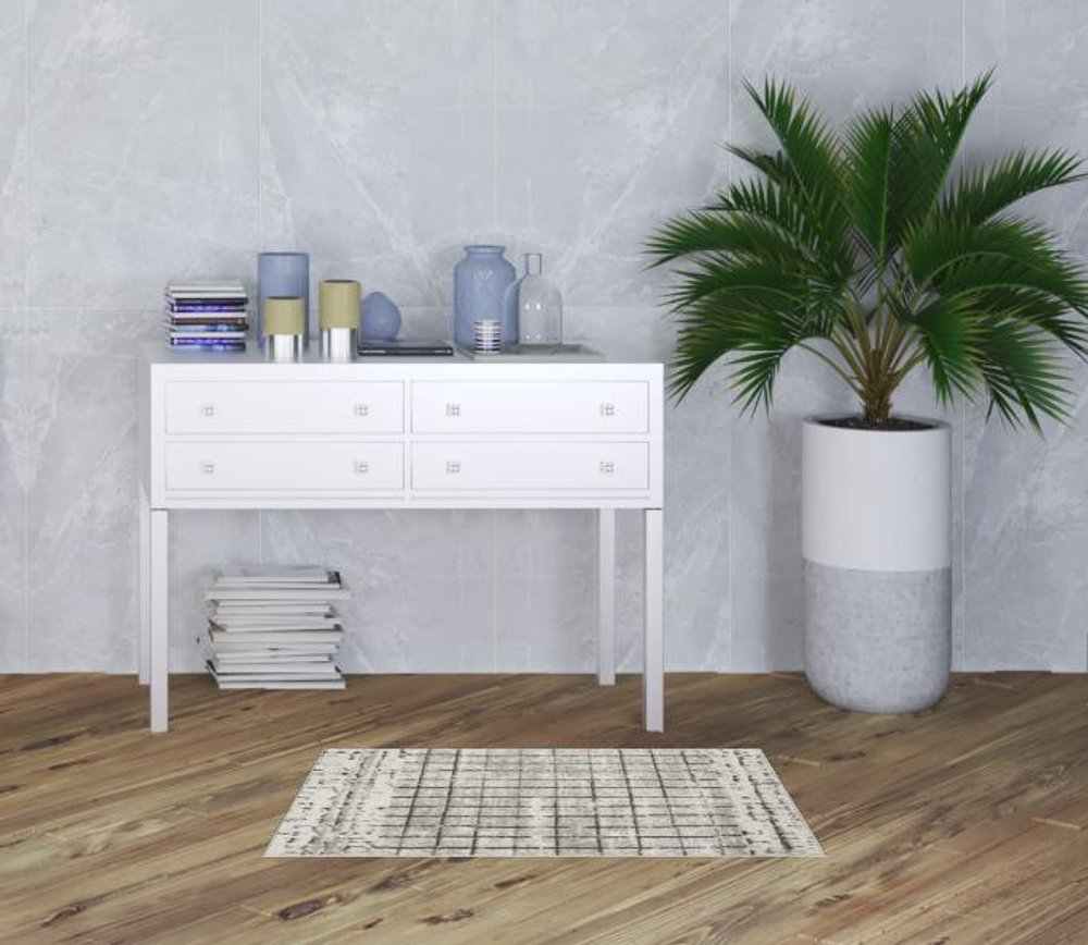 2' X 4' Ivory And Grey Abstract Power Loom Distressed Non Skid Area Rug