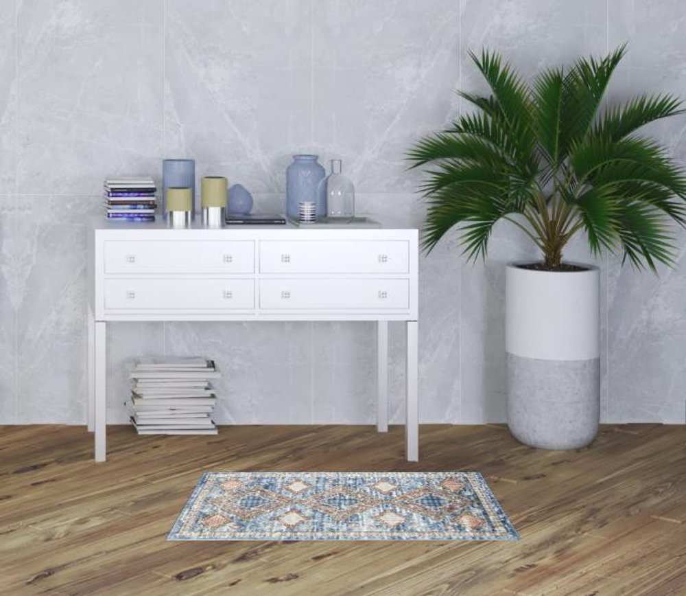 2' X 4' Blue Southwestern Power Loom Non Skid Area Rug