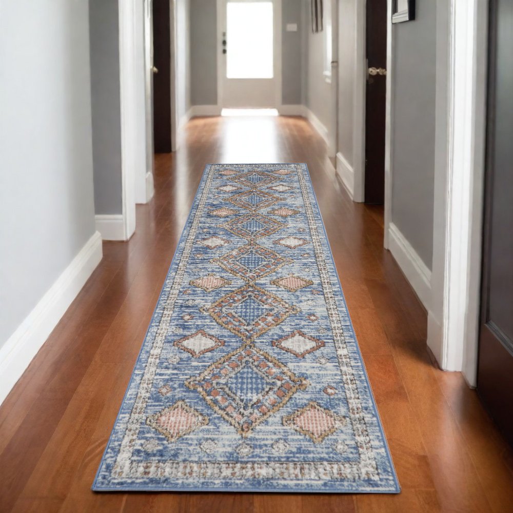2' X 8' Blue Southwestern Power Loom Non Skid Runner Rug
