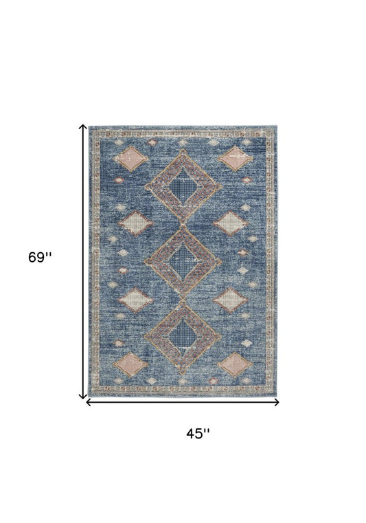 4' X 6' Blue Southwestern Power Loom Non Skid Area Rug