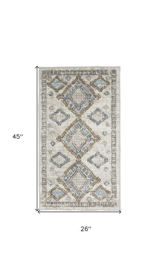 2' X 4' Ivory Grey And Blue Southwestern Power Loom Non Skid Area Rug