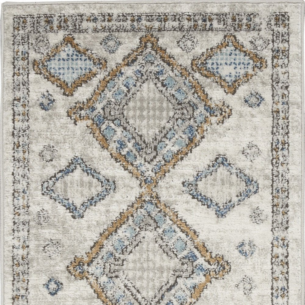 2' X 4' Ivory Grey And Blue Southwestern Power Loom Non Skid Area Rug