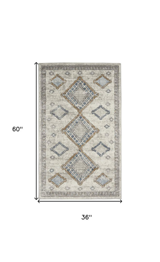 3' X 5' Ivory Grey And Blue Southwestern Power Loom Non Skid Area Rug