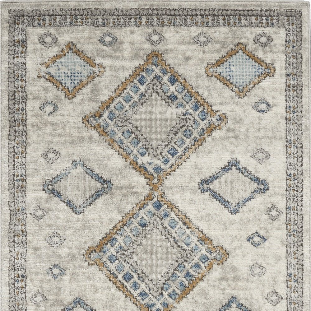 3' X 5' Ivory Grey And Blue Southwestern Power Loom Non Skid Area Rug