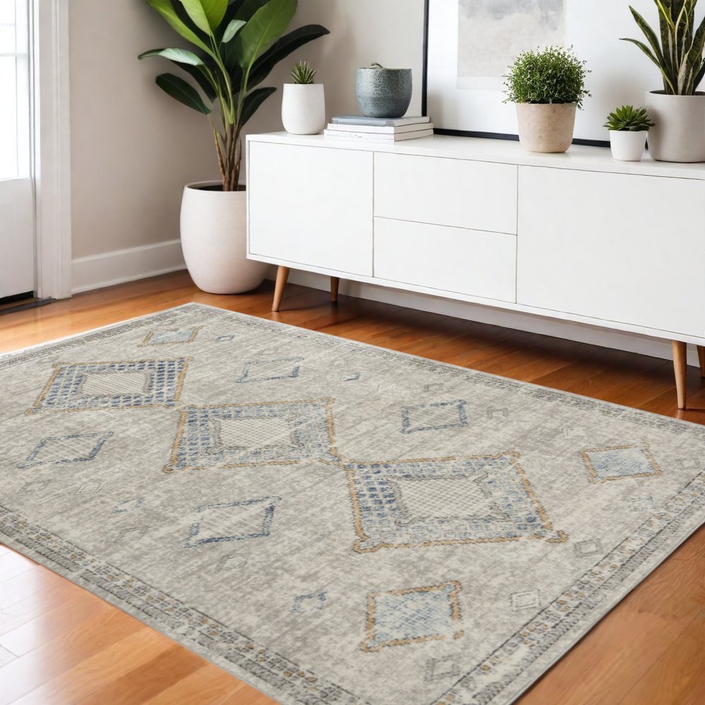 4' X 6' Ivory Grey And Blue Southwestern Power Loom Non Skid Area Rug