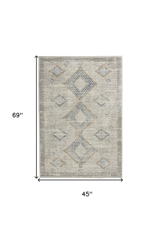 4' X 6' Ivory Grey And Blue Southwestern Power Loom Non Skid Area Rug