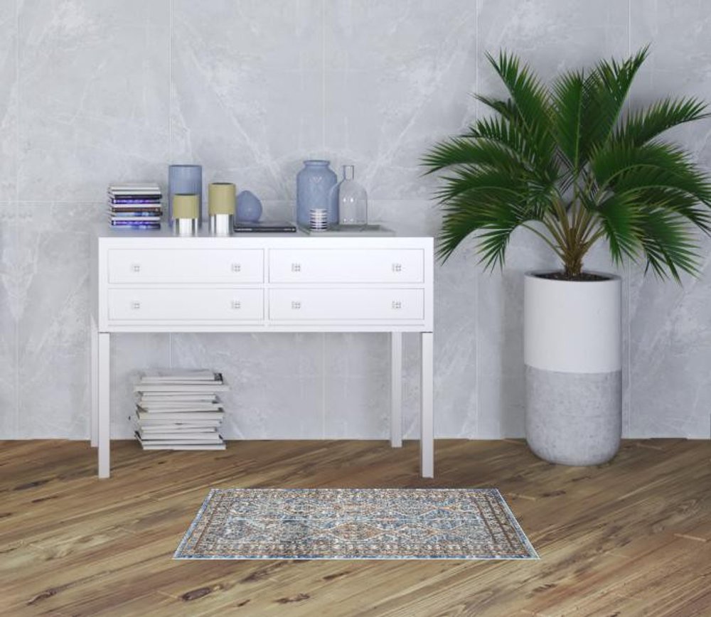 2' X 4' Blue Southwestern Power Loom Non Skid Area Rug