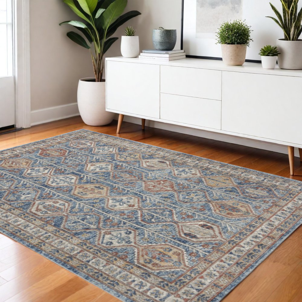 4' X 6' Blue Southwestern Power Loom Non Skid Area Rug