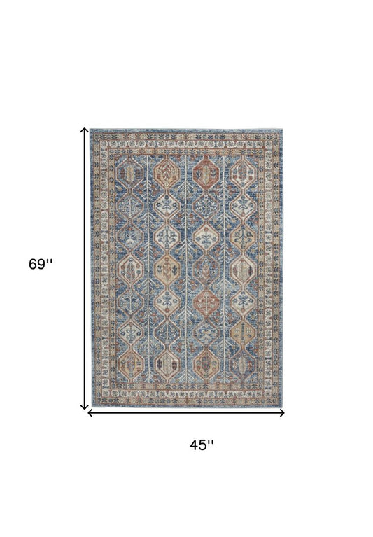 4' X 6' Blue Southwestern Power Loom Non Skid Area Rug