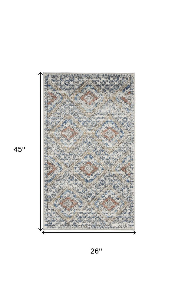 2' X 4' Blue And Ivory Southwestern Power Loom Non Skid Area Rug