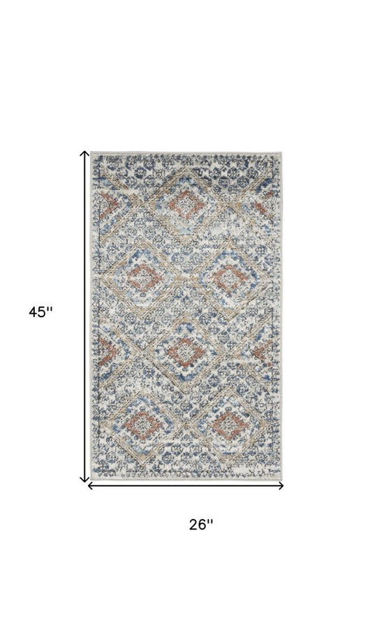 2' X 4' Blue And Ivory Southwestern Power Loom Non Skid Area Rug