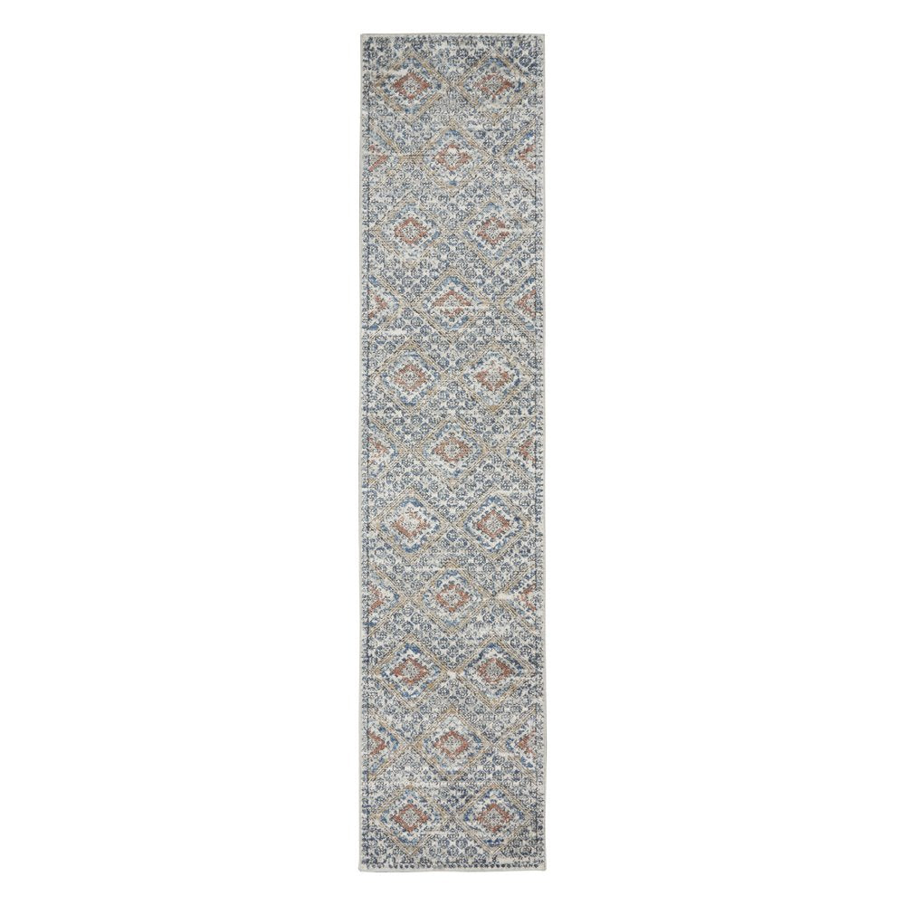 8' Blue And Ivory Southwestern Power Loom Non Skid Runner Rug
