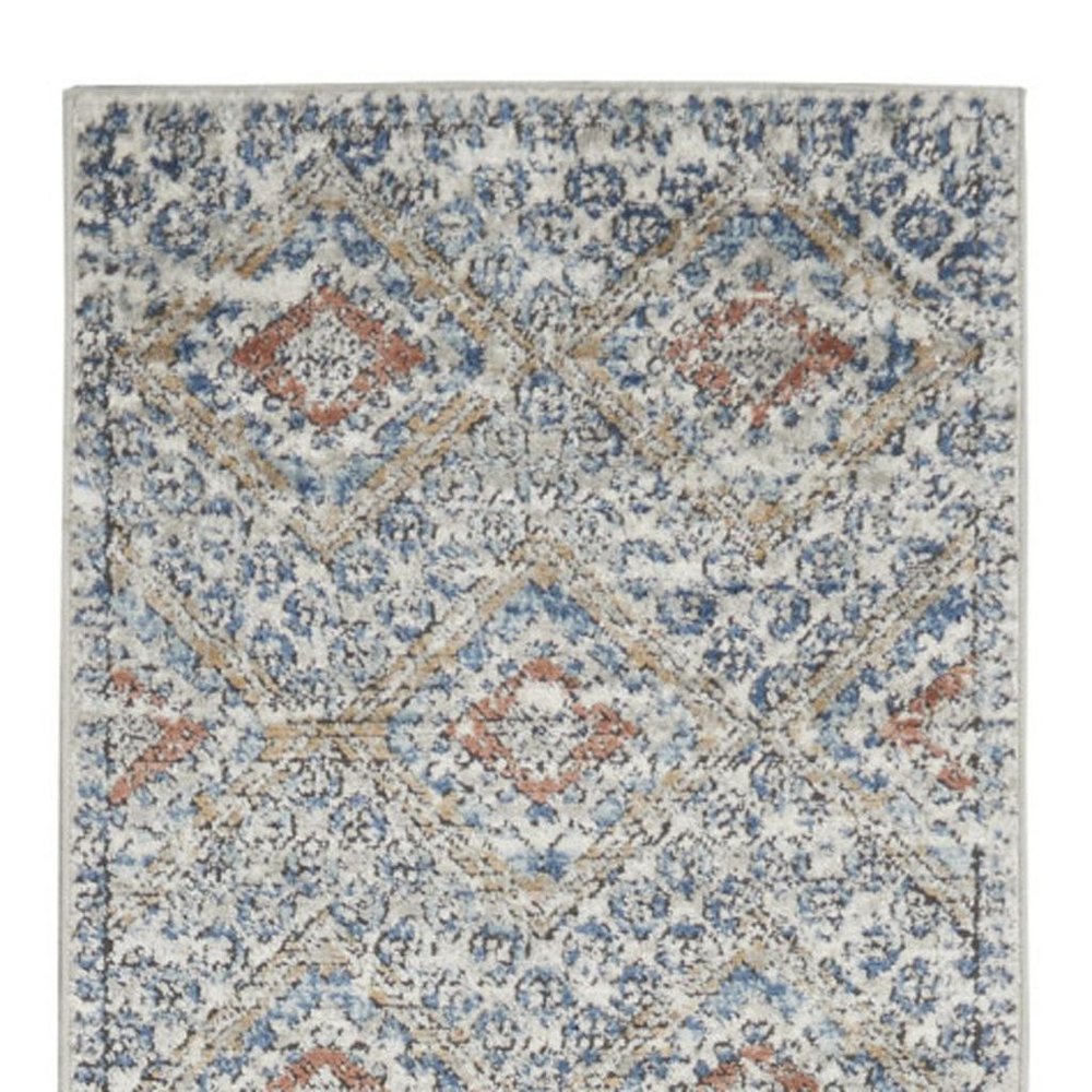 8' Blue And Ivory Southwestern Power Loom Non Skid Runner Rug