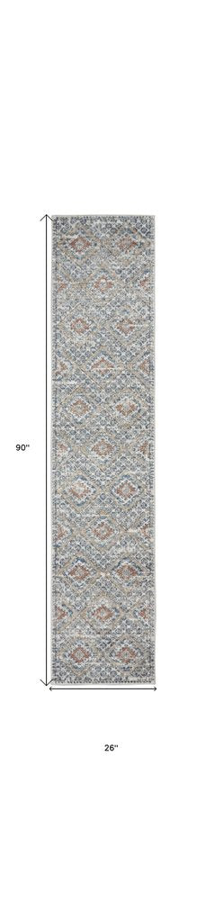 8' Blue And Ivory Southwestern Power Loom Non Skid Runner Rug