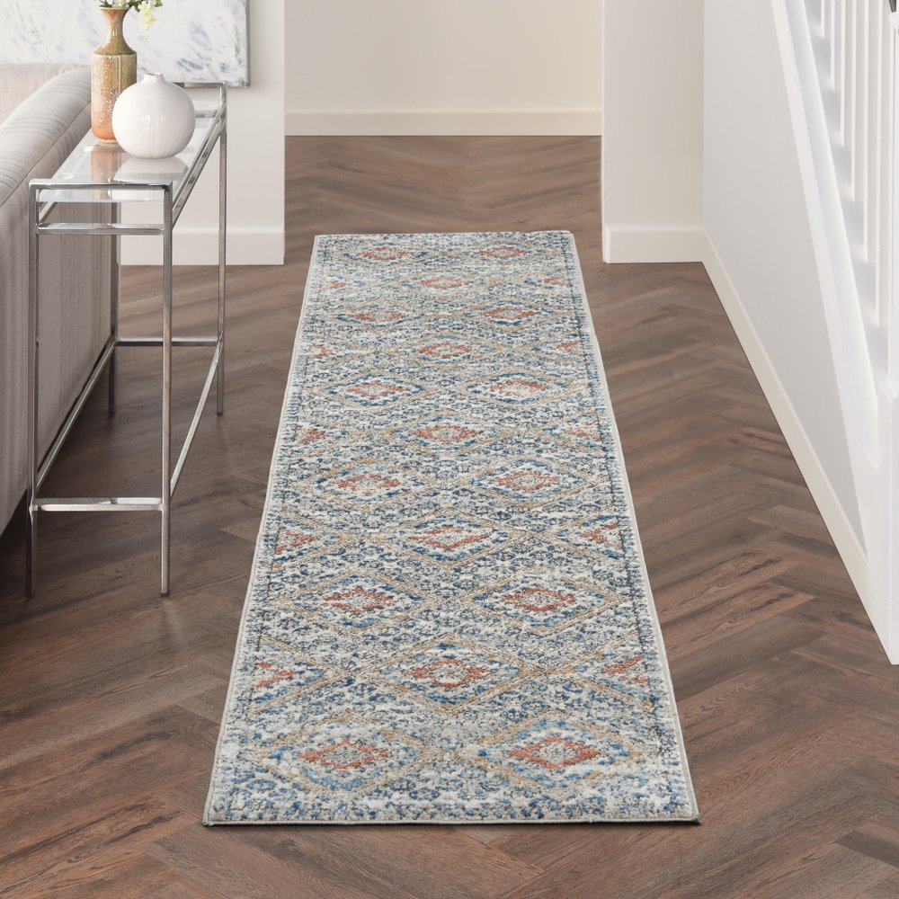 8' Blue And Ivory Southwestern Power Loom Non Skid Runner Rug