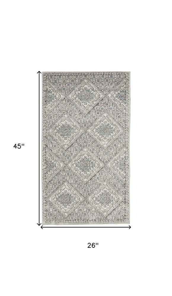 2' X 4' Grey Ivory And Blue Southwestern Power Loom Non Skid Area Rug