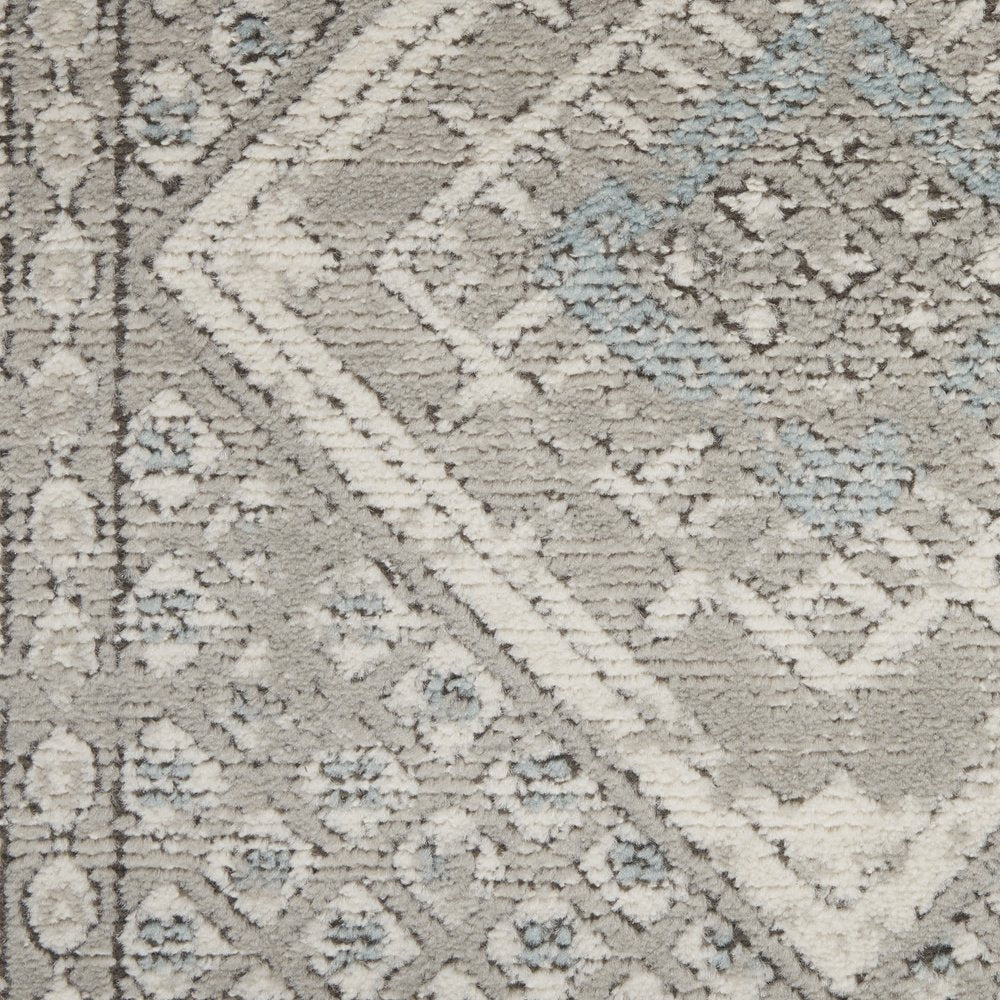 2' X 8' Grey Ivory And Blue Southwestern Power Loom Non Skid Runner Rug