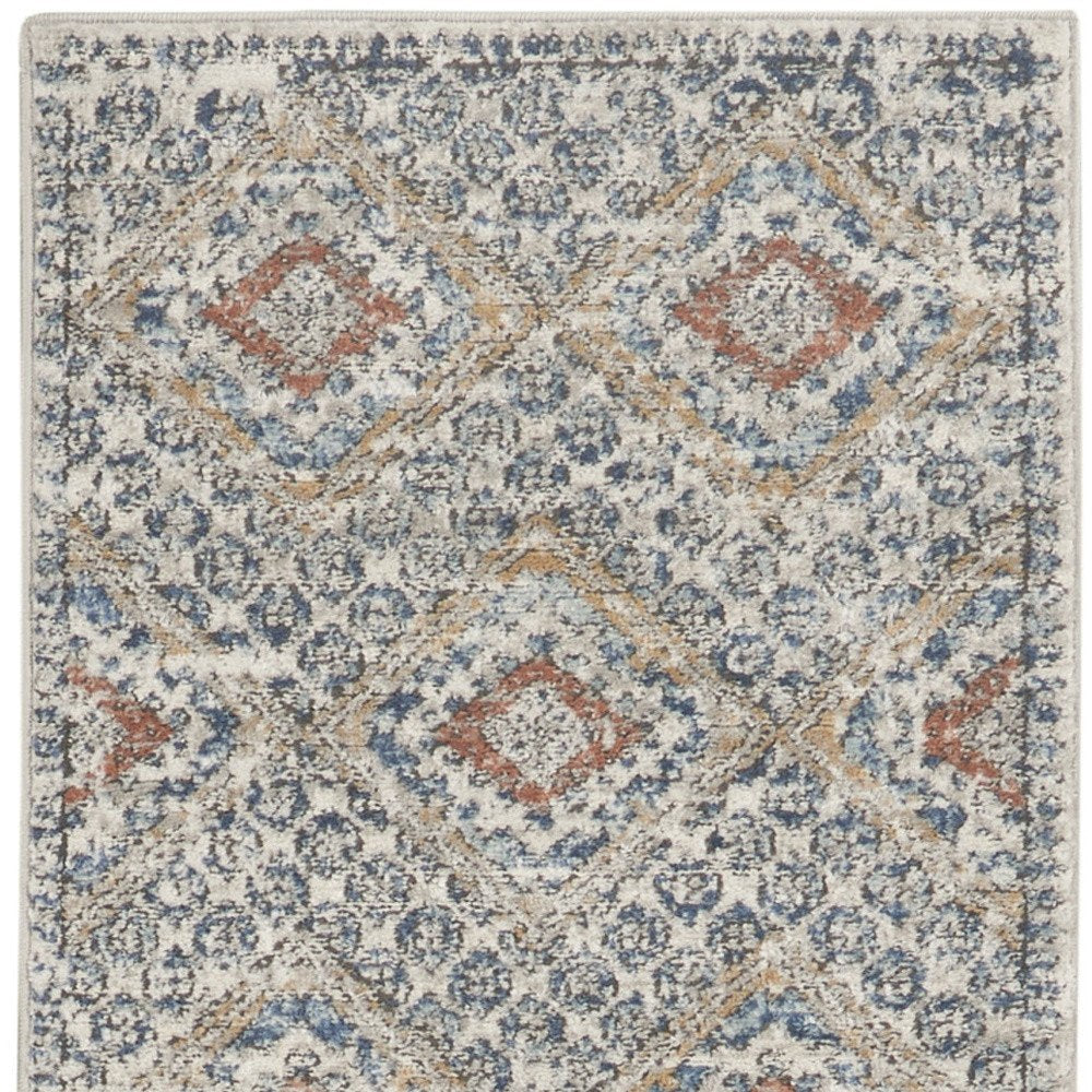 2' X 8' Grey Ivory And Blue Southwestern Power Loom Non Skid Runner Rug