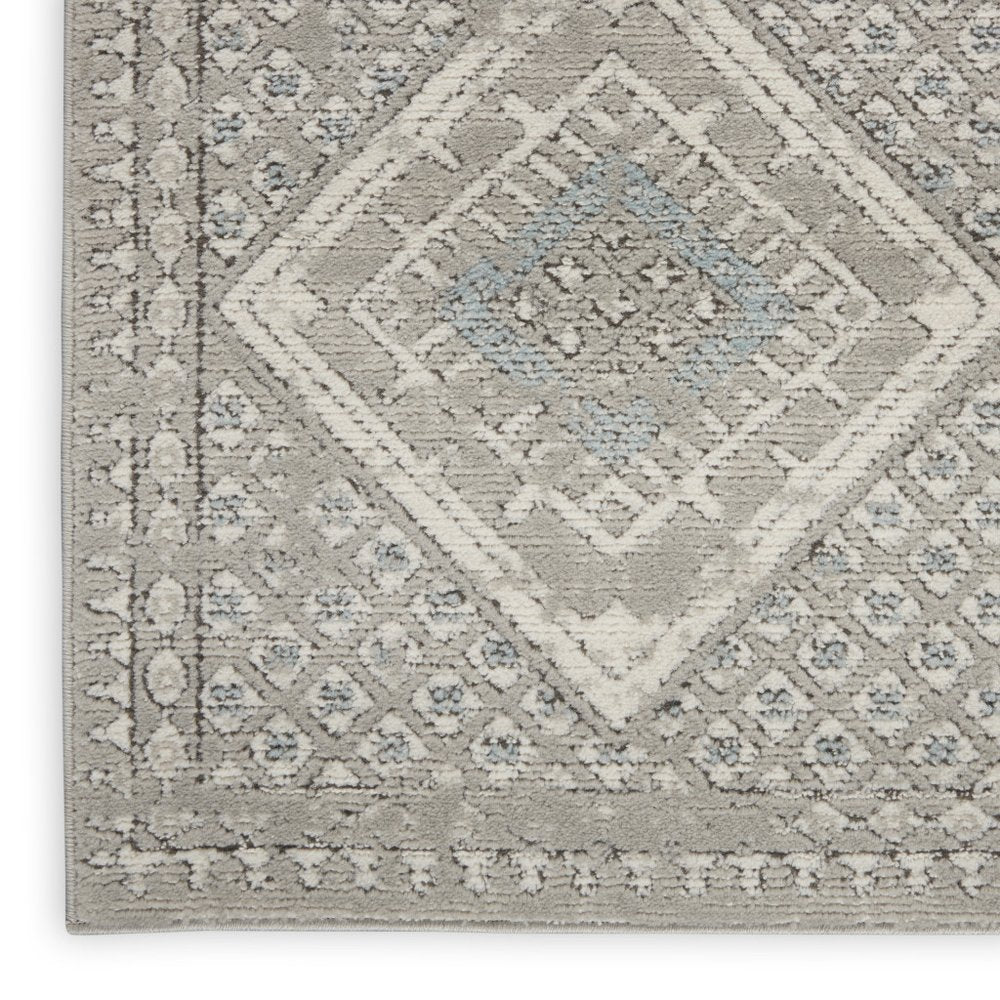 2' X 8' Grey Ivory And Blue Southwestern Power Loom Non Skid Runner Rug