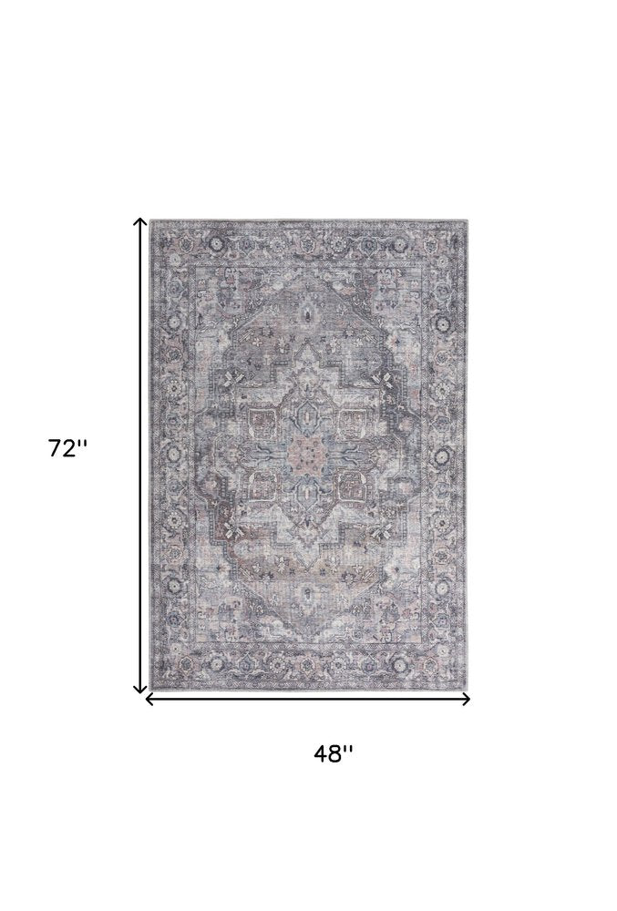 4' X 6' Grey Oriental Power Loom Distressed Washable Area Rug