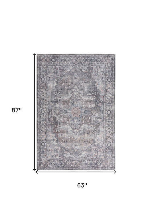 5' X 7' Grey Oriental Power Loom Distressed Washable Area Rug