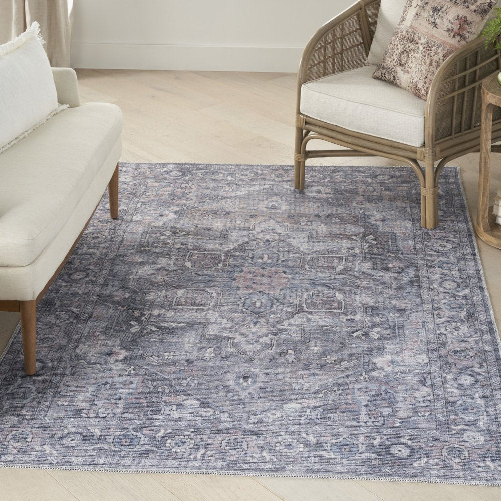 5' X 7' Grey Oriental Power Loom Distressed Washable Area Rug