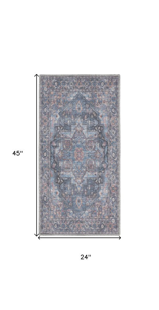 2' X 4' Light Blue Oriental Power Loom Distressed Washable Area Rug