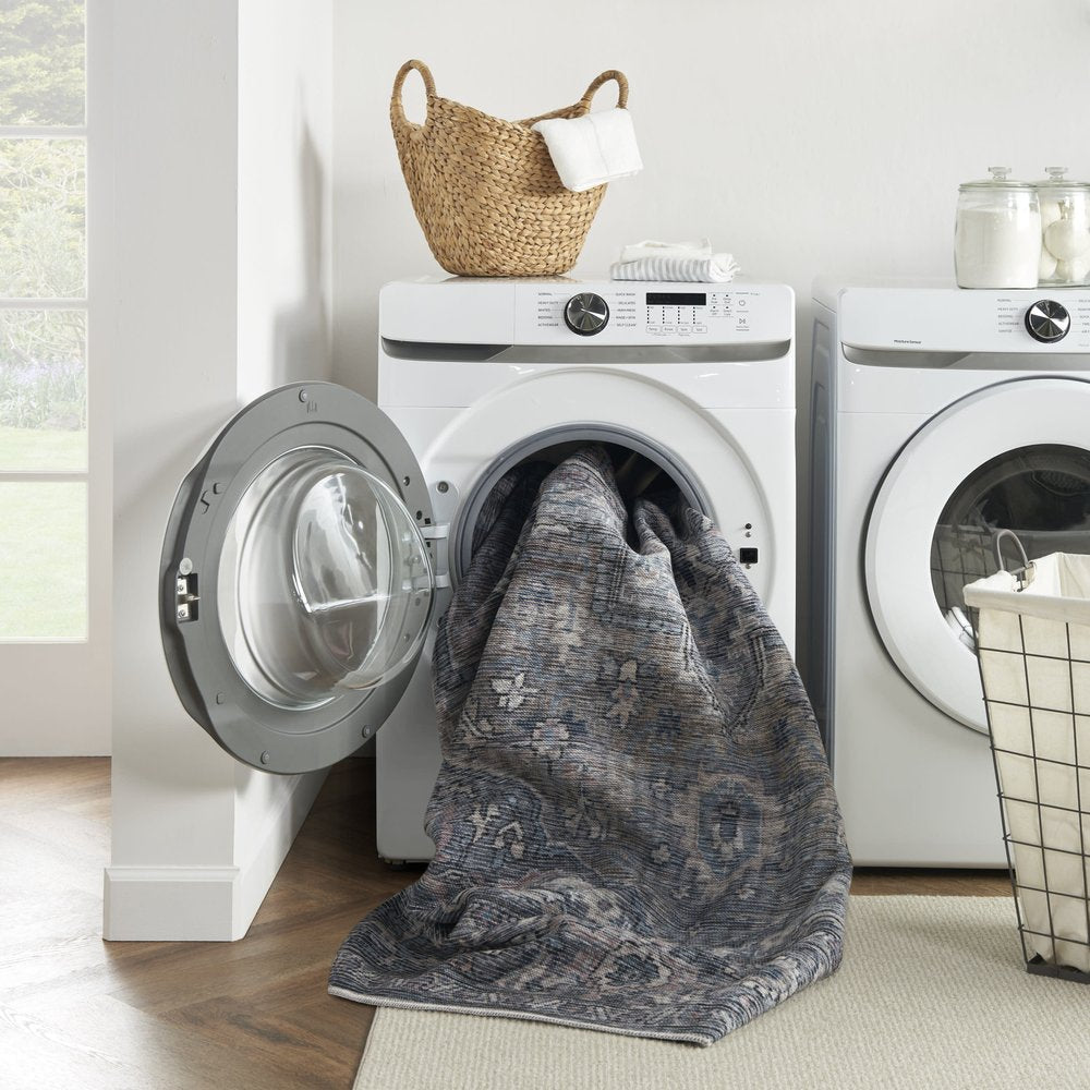 2' X 4' Light Blue Oriental Power Loom Distressed Washable Area Rug