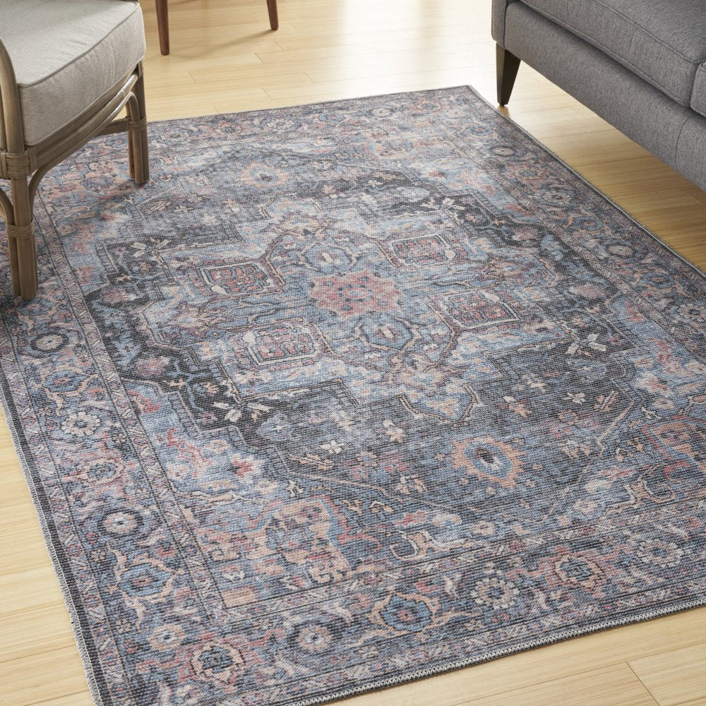 4' X 6' Light Blue Oriental Power Loom Distressed Washable Area Rug