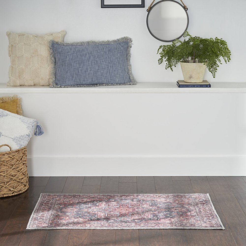 2' X 4' Red Oriental Power Loom Distressed Washable Area Rug