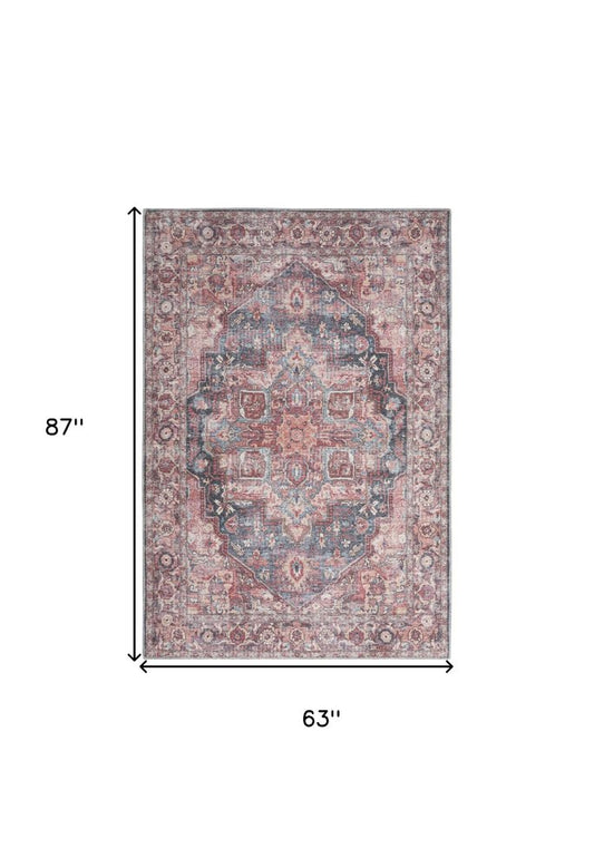 5' X 7' Multicolor Oriental Power Loom Distressed Washable Area Rug