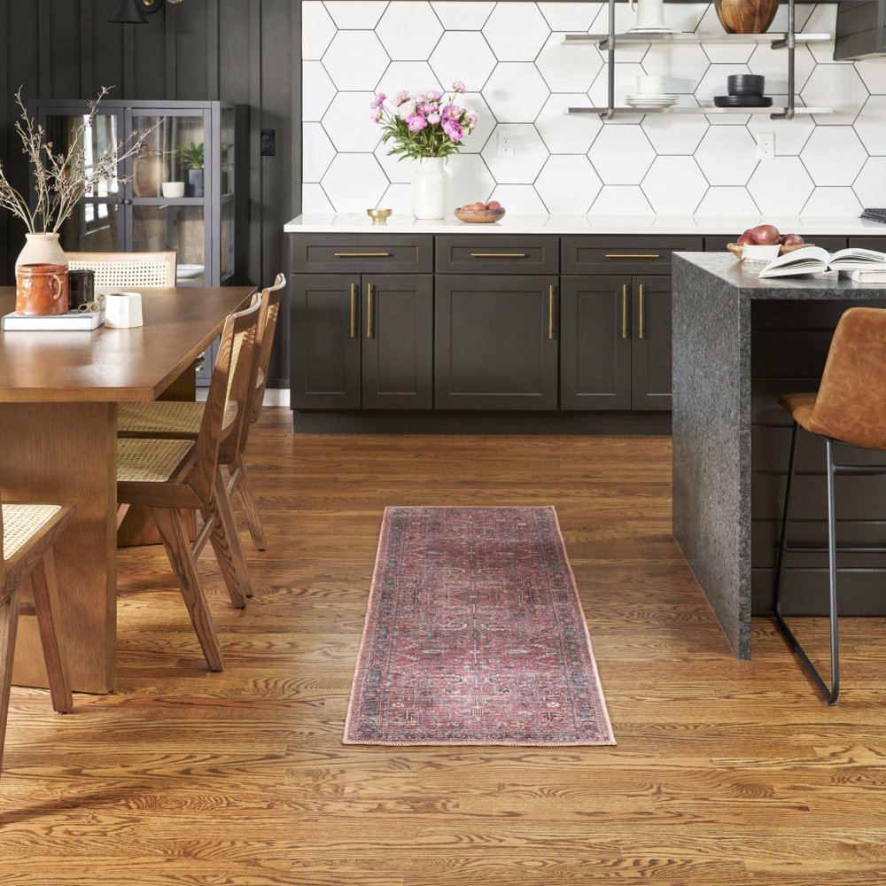 2' X 6' Brick Oriental Power Loom Distressed Washable Runner Rug