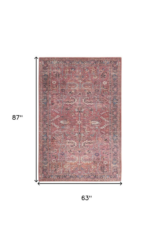5' X 7' Pink And Blue Oriental Distressed Washable Area Rug