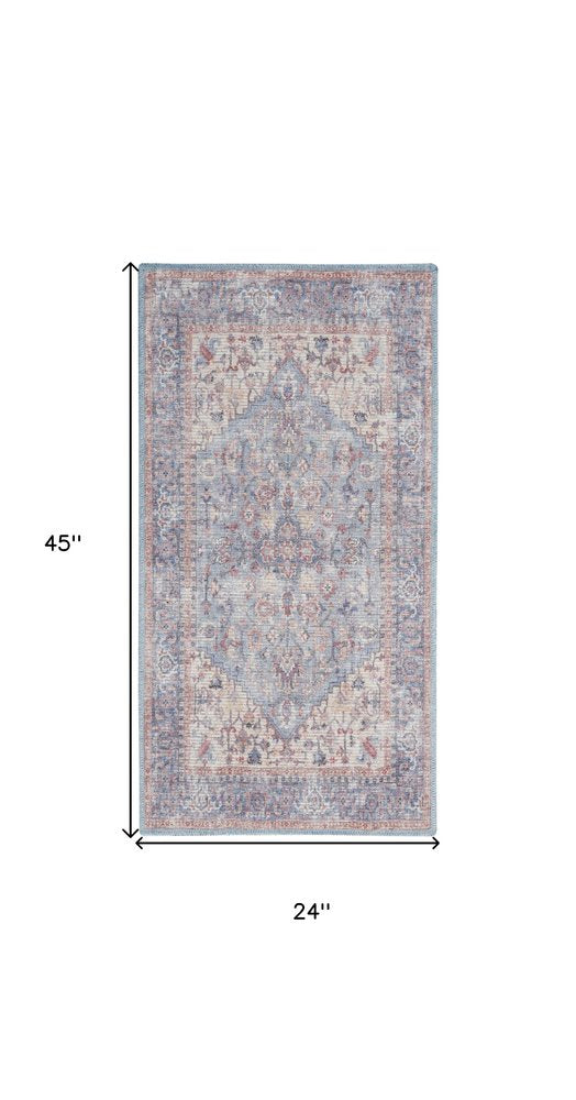 2' X 4' Blue Oriental Power Loom Distressed Washable Area Rug