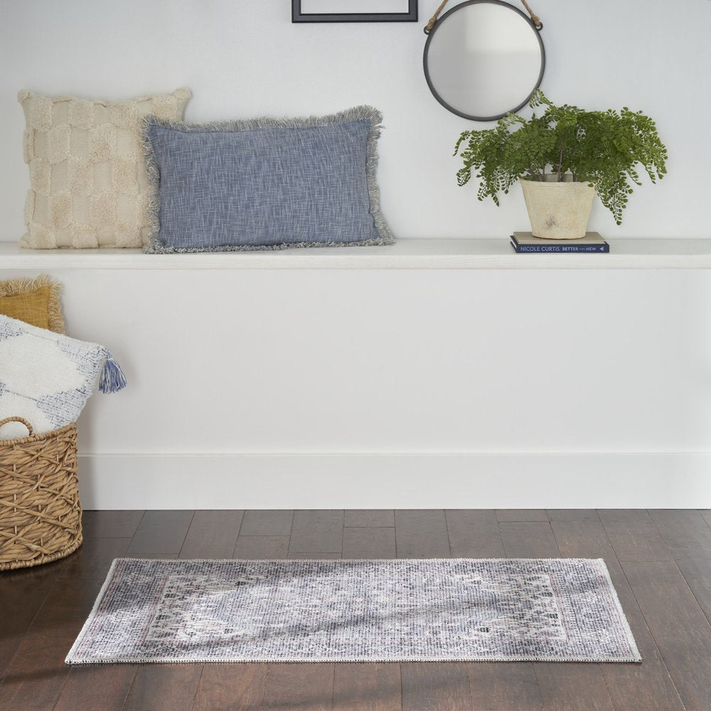 2' X 4' Grey Oriental Power Loom Distressed Washable Area Rug