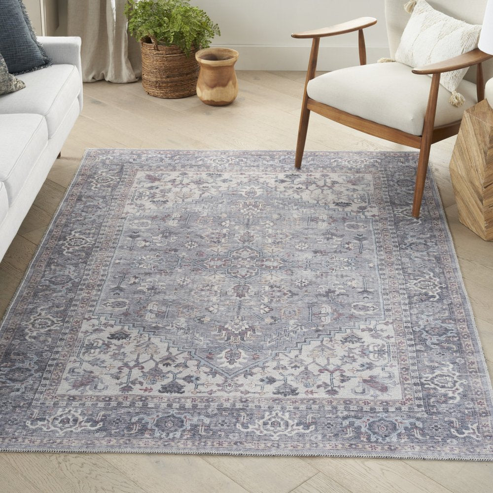 5' X 7' Grey Oriental Power Loom Distressed Washable Area Rug