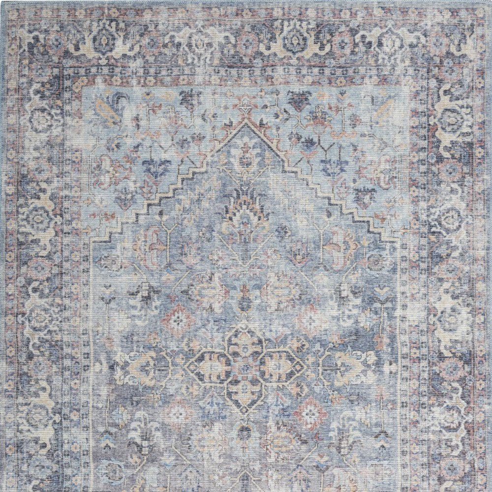 4' X 6' Light Grey And Blue Oriental Power Loom Distressed Washable Area Rug