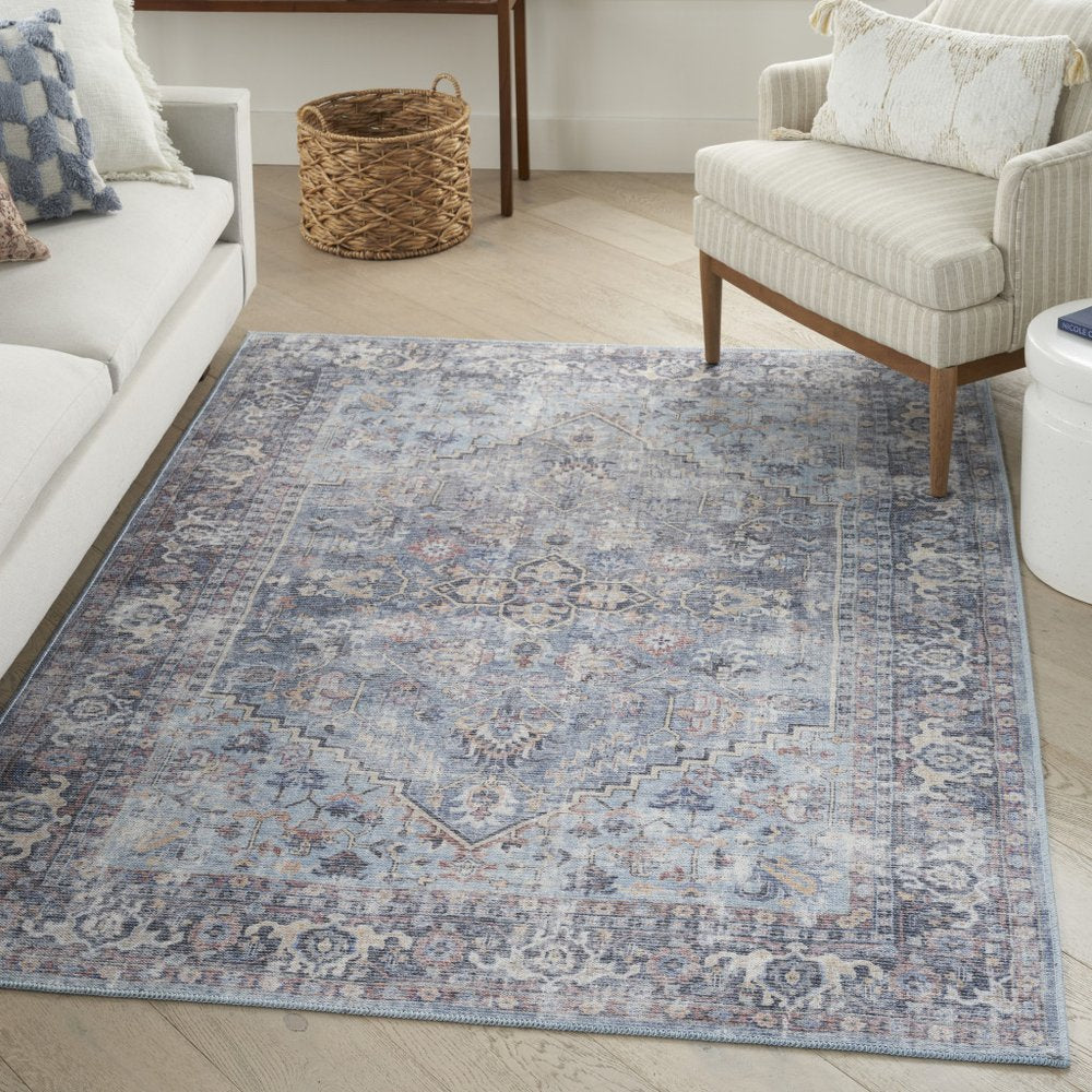 4' X 6' Light Grey And Blue Oriental Power Loom Distressed Washable Area Rug