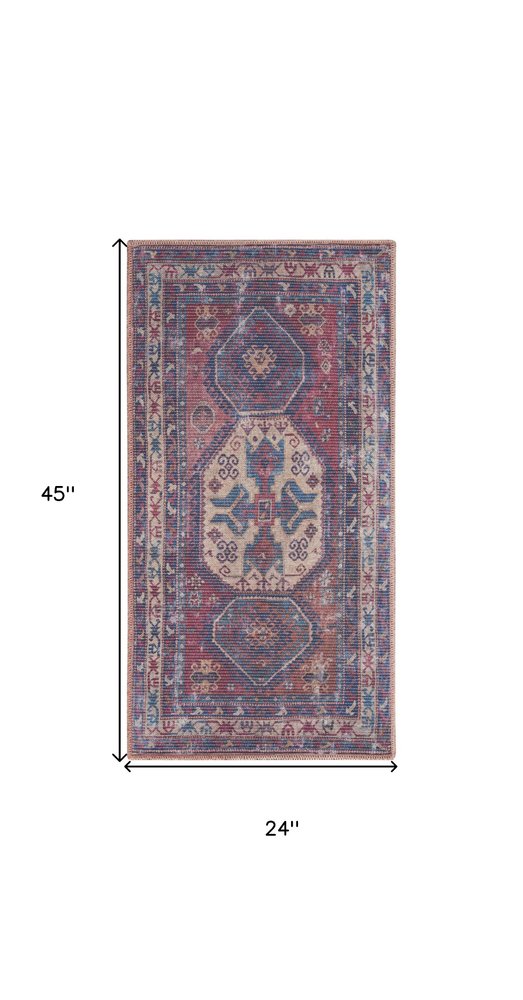 2' X 4' Red And Navy Oriental Power Loom Distressed Washable Area Rug
