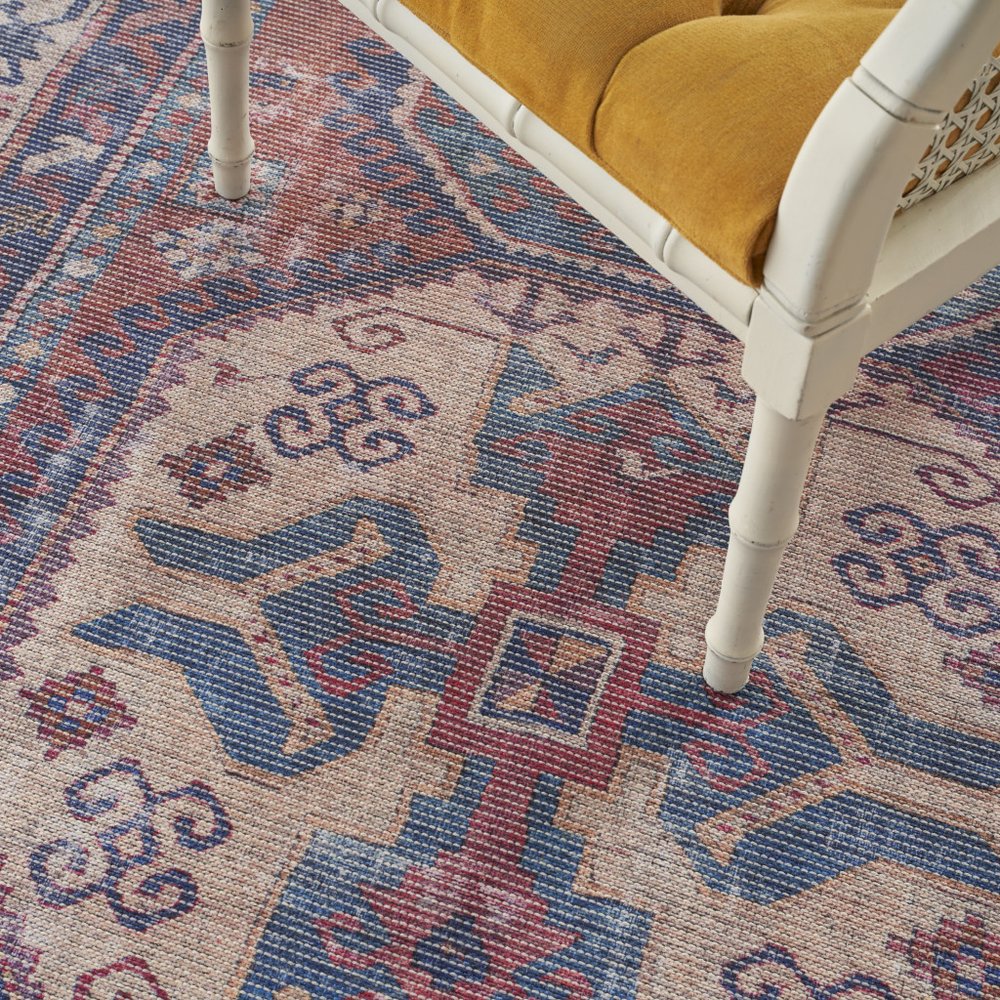 4' X 6' Red And Navy Oriental Power Loom Distressed Washable Area Rug